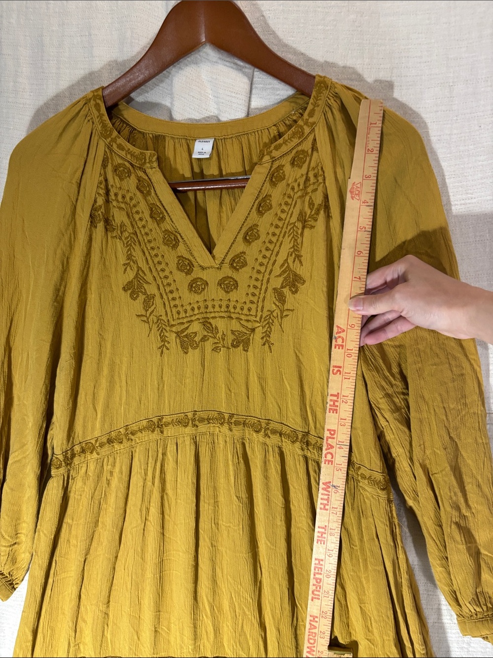 Old Navy Mustard Yellow Embroidered Tiered Maxi Dress Boho Peasant Fall L EUC - Picture 3 of 6